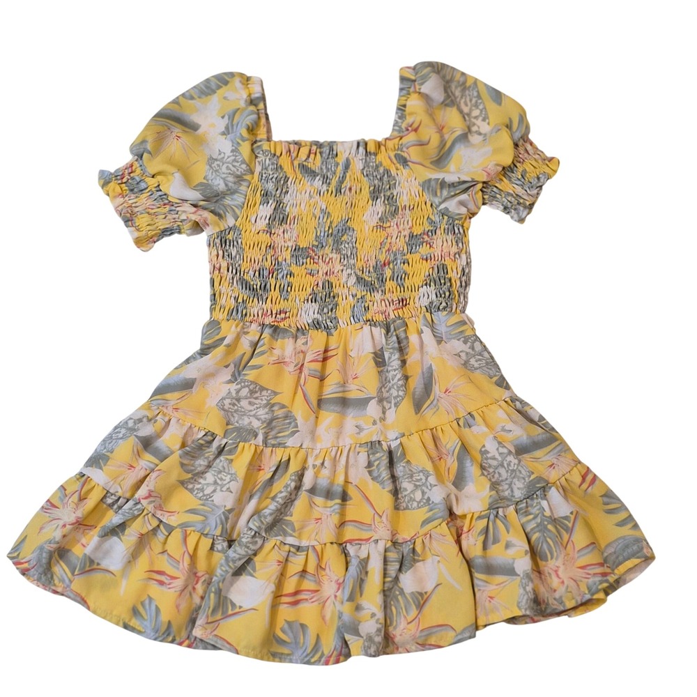 Guess Los Angeles Girls Yellow Tropical Floral Smocked Tiered Dress Size 4